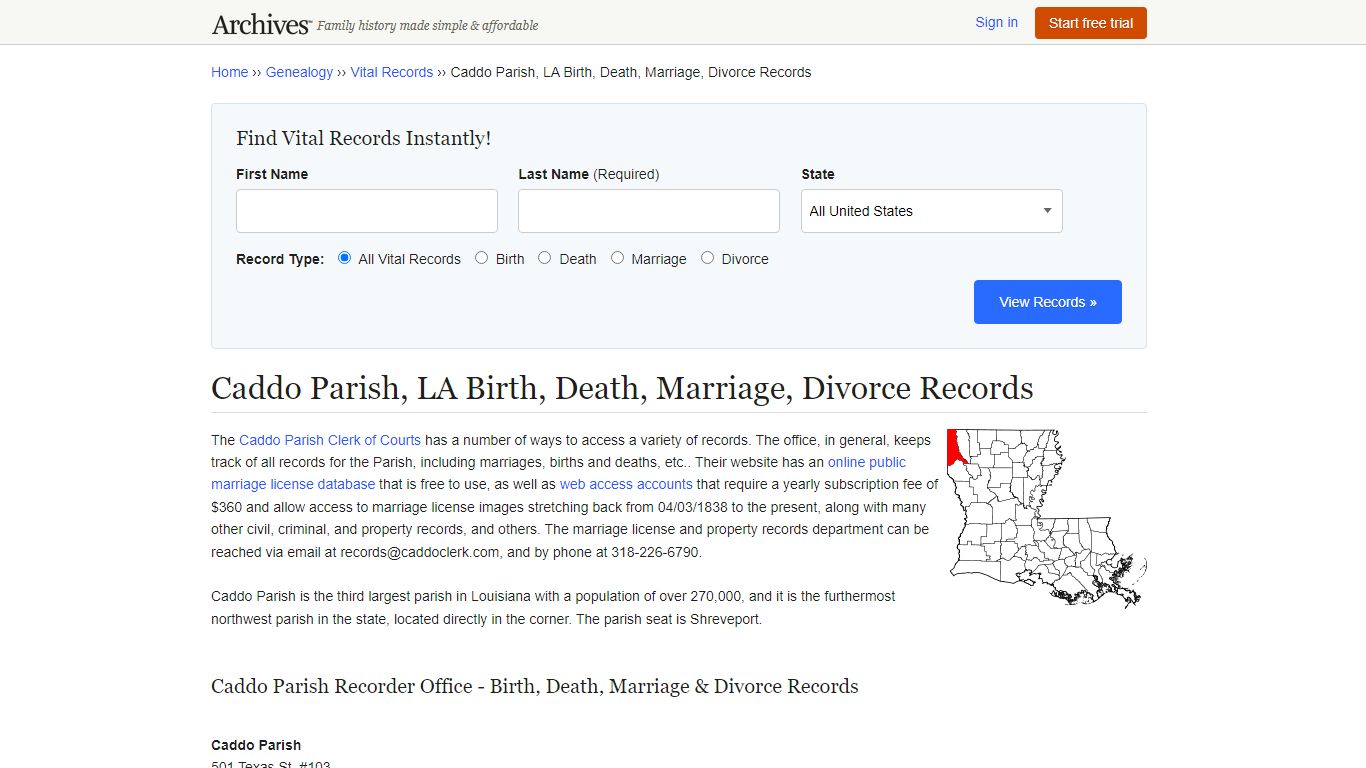 Caddo Parish, LA Birth, Death, Marriage, Divorce Records